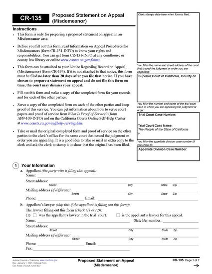 View CR-135 Proposed Statement on Appeal (Misdemeanor) form