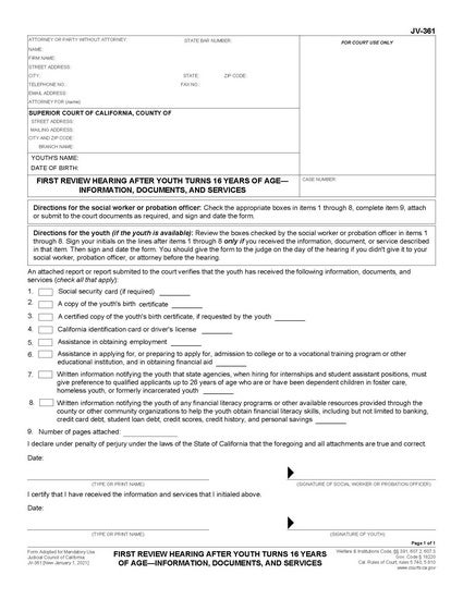 View JV-361 First Review Hearing After Youth Turns 16 Years of Age—Information, Documents, and Services form