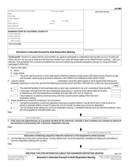View JV-463 Nonminor's Informed Consent to Hold Disposition Hearing form